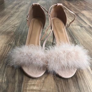 Pink feathered open-toed heels